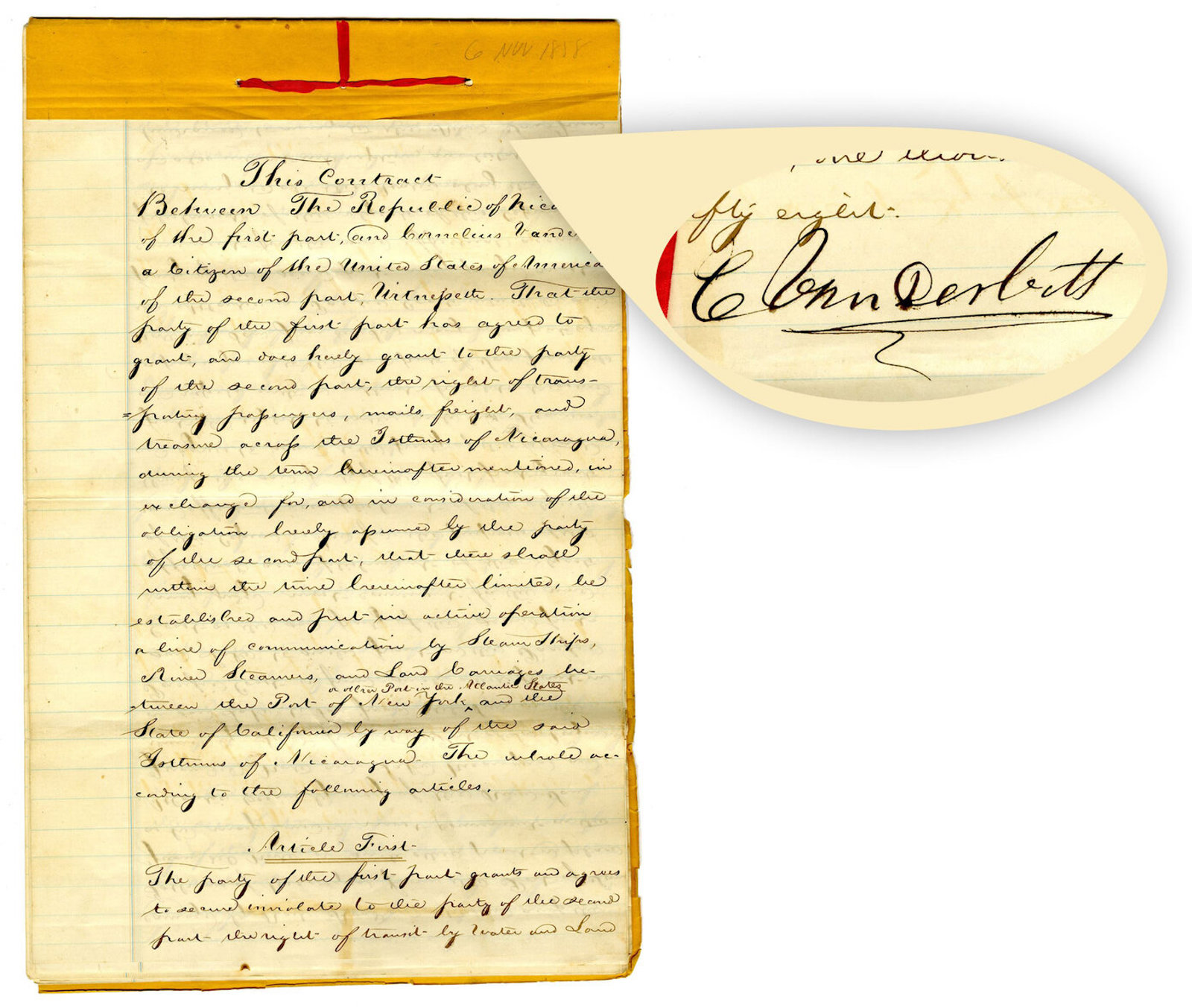 Handwritten contract agreement between the Republic of Nicaragua and American railroad and shipping magnate Cornelius Vanderbilt one year after the Filibuster War (est. $10,000-$12,000).