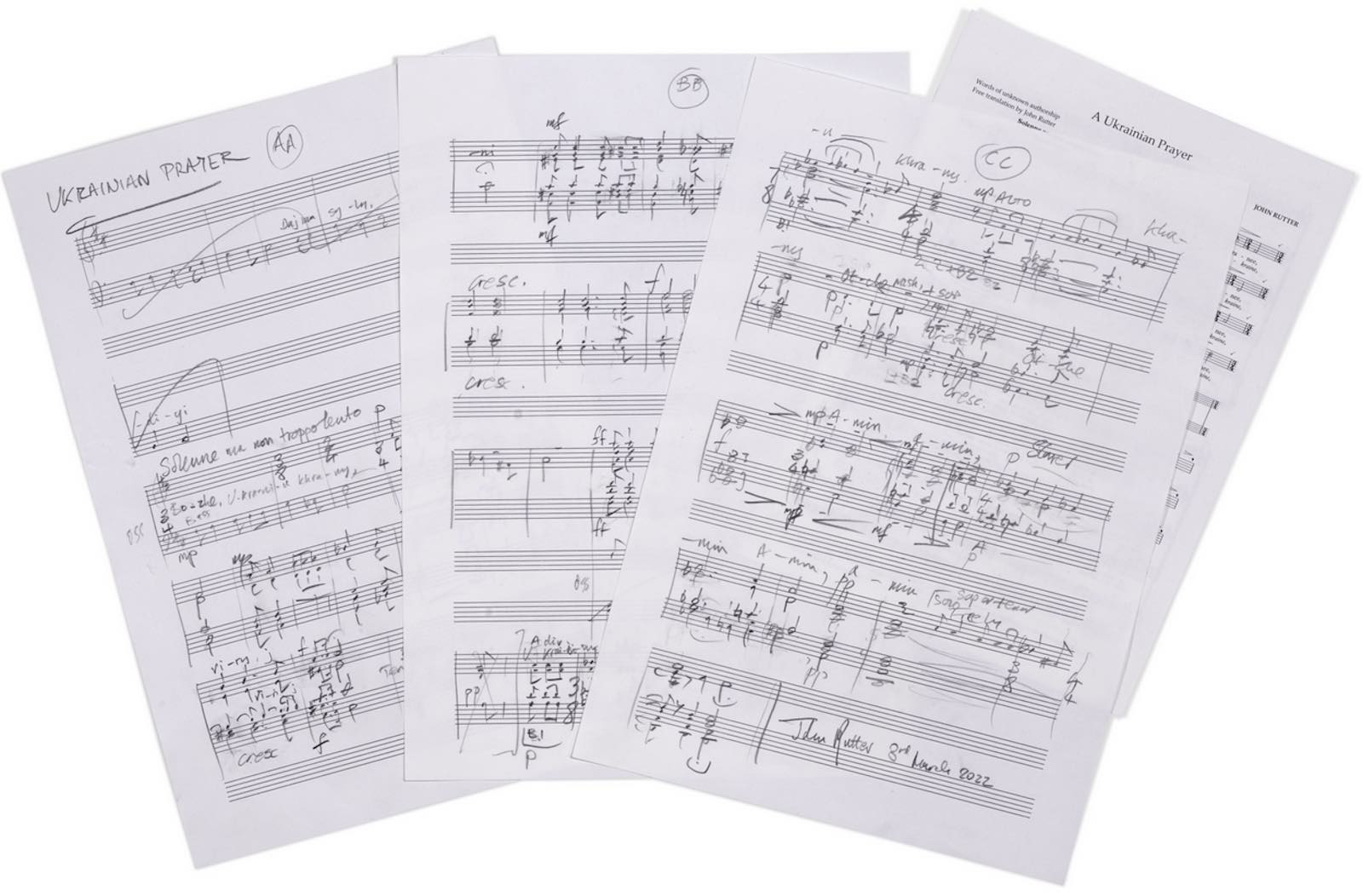 J. Rutter. Autograph composing manuscript of &quot;A Ukrainian Prayer&quot;, 2022