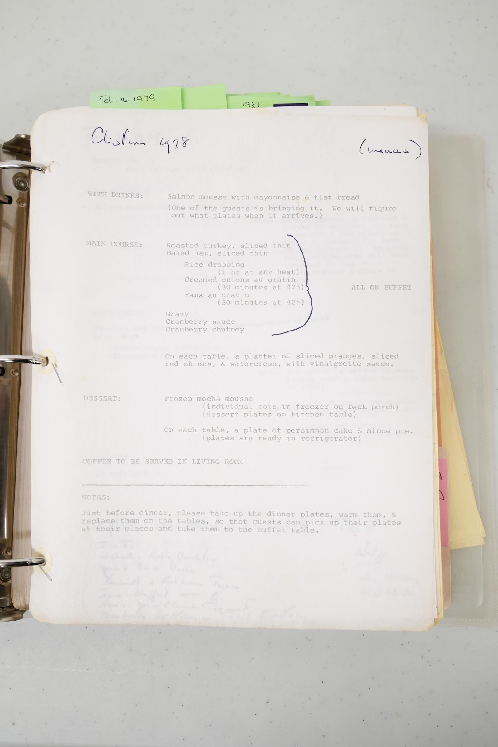 Menu and catering notes for a 1974 dinner party hosted by Didion and Dunne