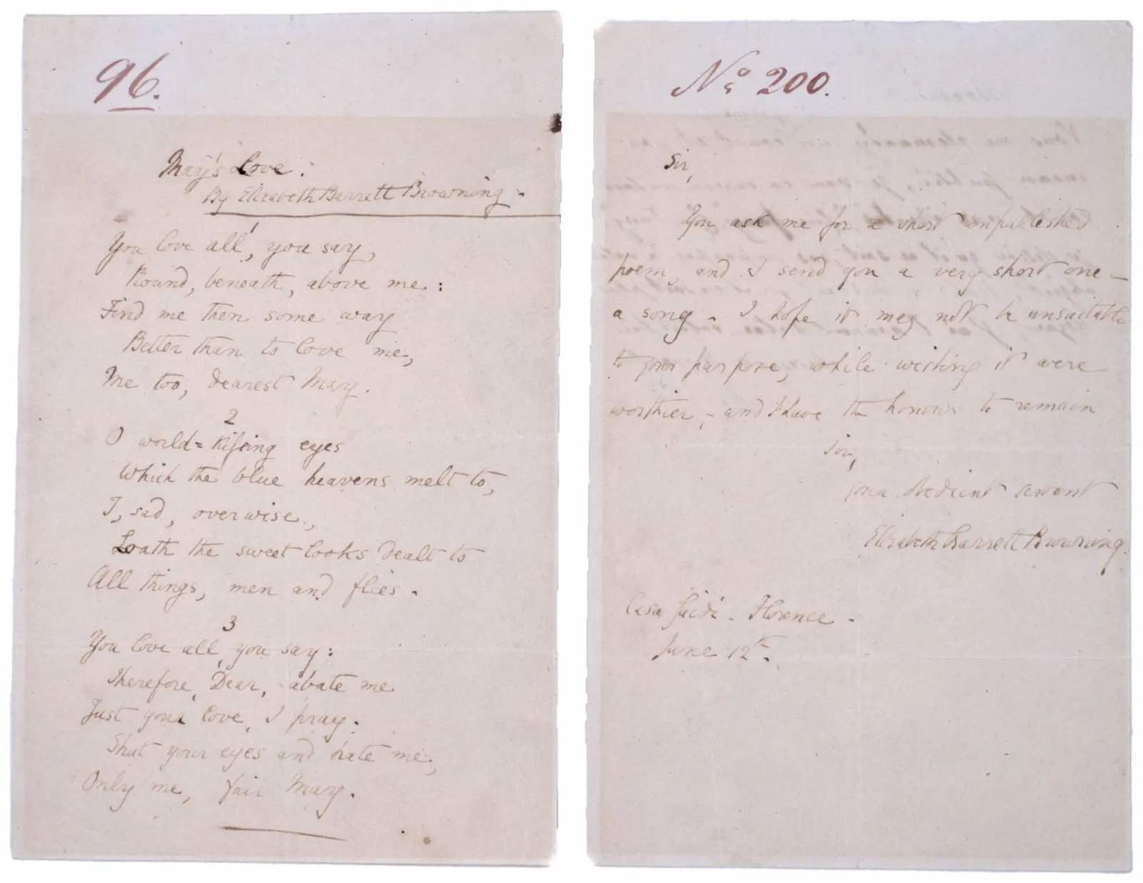 Autograph Letter, signed (&quot;Elizabeth Barrett Browning&quot;), with Autograph Song May's Love