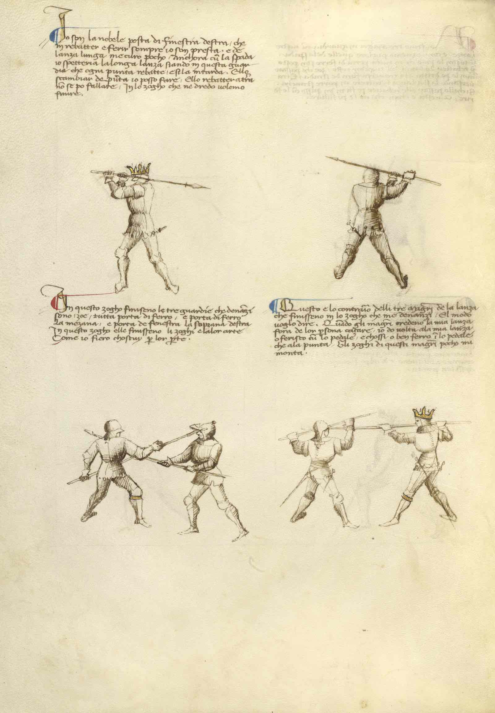 Unknown Italian Combat with a Lance, about 1410 from The Flower of Battle. Tempera colors, gold leaf, silver leaf, and ink on parchment.