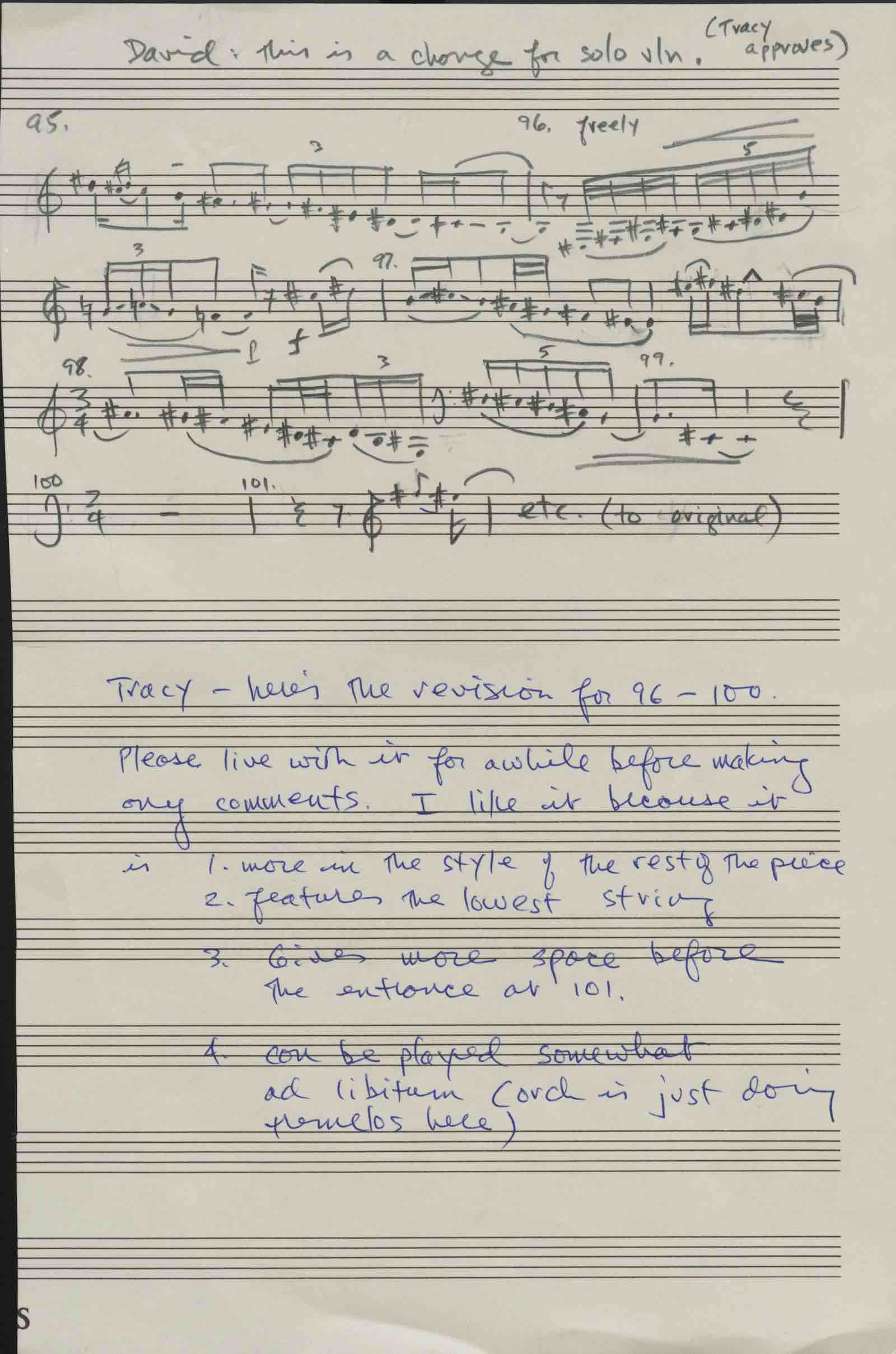 A revision of a passage from &quot;Dharma at Big Sur&quot; by John Adams, with note to violinist Tracy Silverman