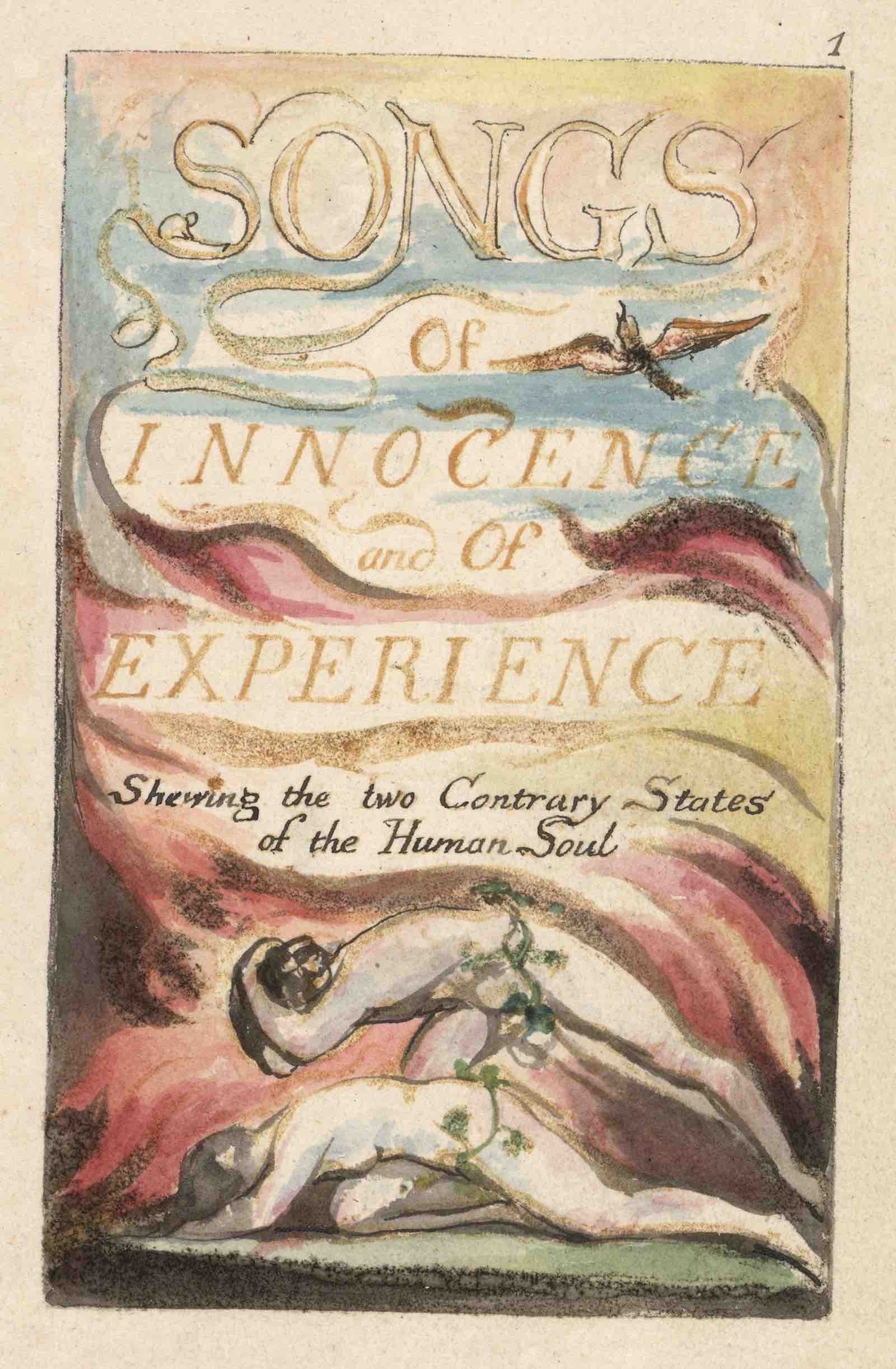 Title Page from Songs of Innocence and of Experience, Plate 1 of Copy E, printed by 1806 William Blake. Relief etching with watercolor. The Huntington Library, Art Museum, and Botanical Gardens, San Marino.