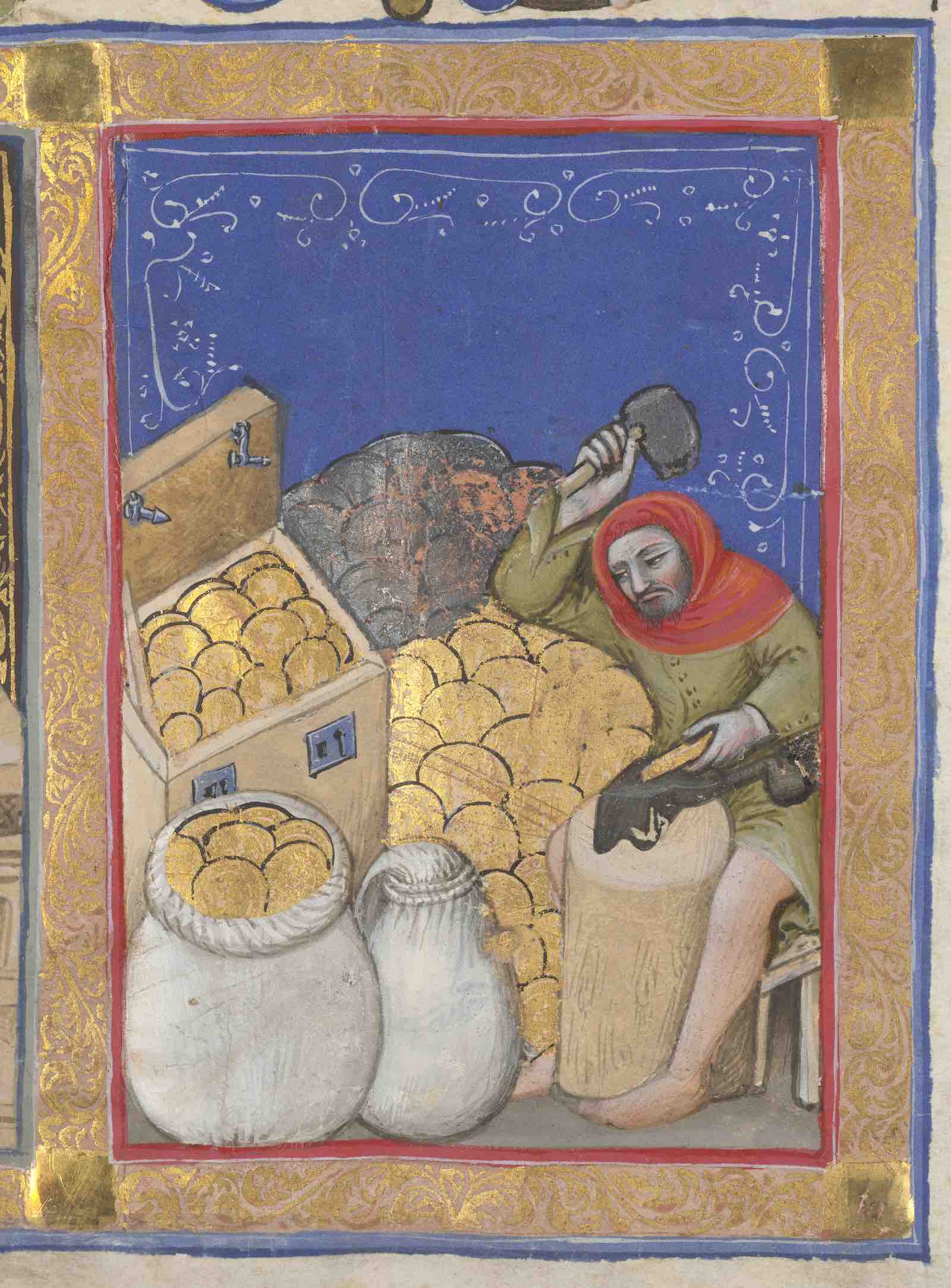 Goldbeater Frontispiece from a register of creditors of a Bolognese lending society Illuminated by Nicolò di Giacomo di Nascimbene, called Nicolò da Bologna Italy, Bologna, ca. 1394–95