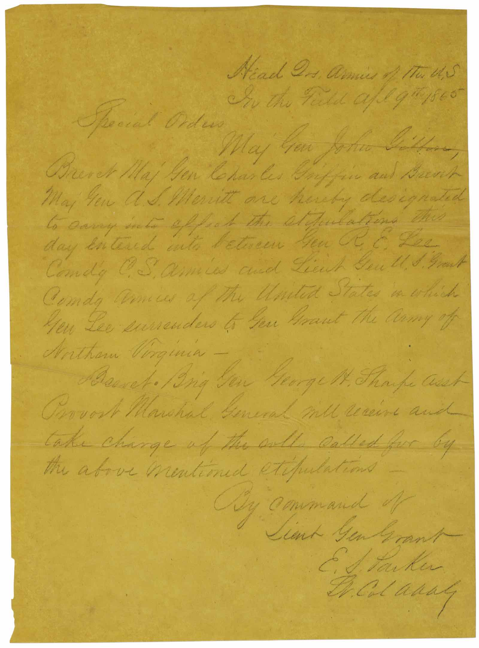 Robert E. Lee autograph letter signed (“Official E.S. Parker Lt. Col. A.A.A.G.” and adding Lee's signature &quot;(Signed) R. E, Lee Genl&quot;), to Lt. Gen. Ulysses S. Grant