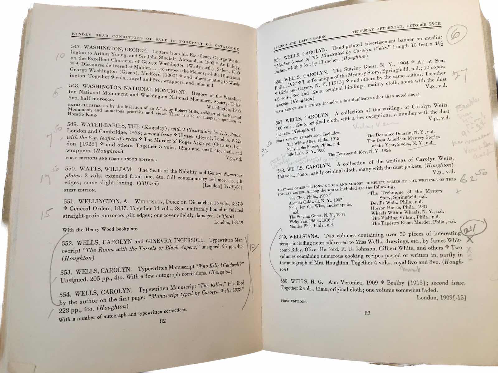 The final auction catalogue (annotated by someone at the auction) dispersing Wells’s library after her death in 1942. Her Walt Whitman collection went to the Library of Congress, and friends received specific bequests from the collection, but the rest were sold.