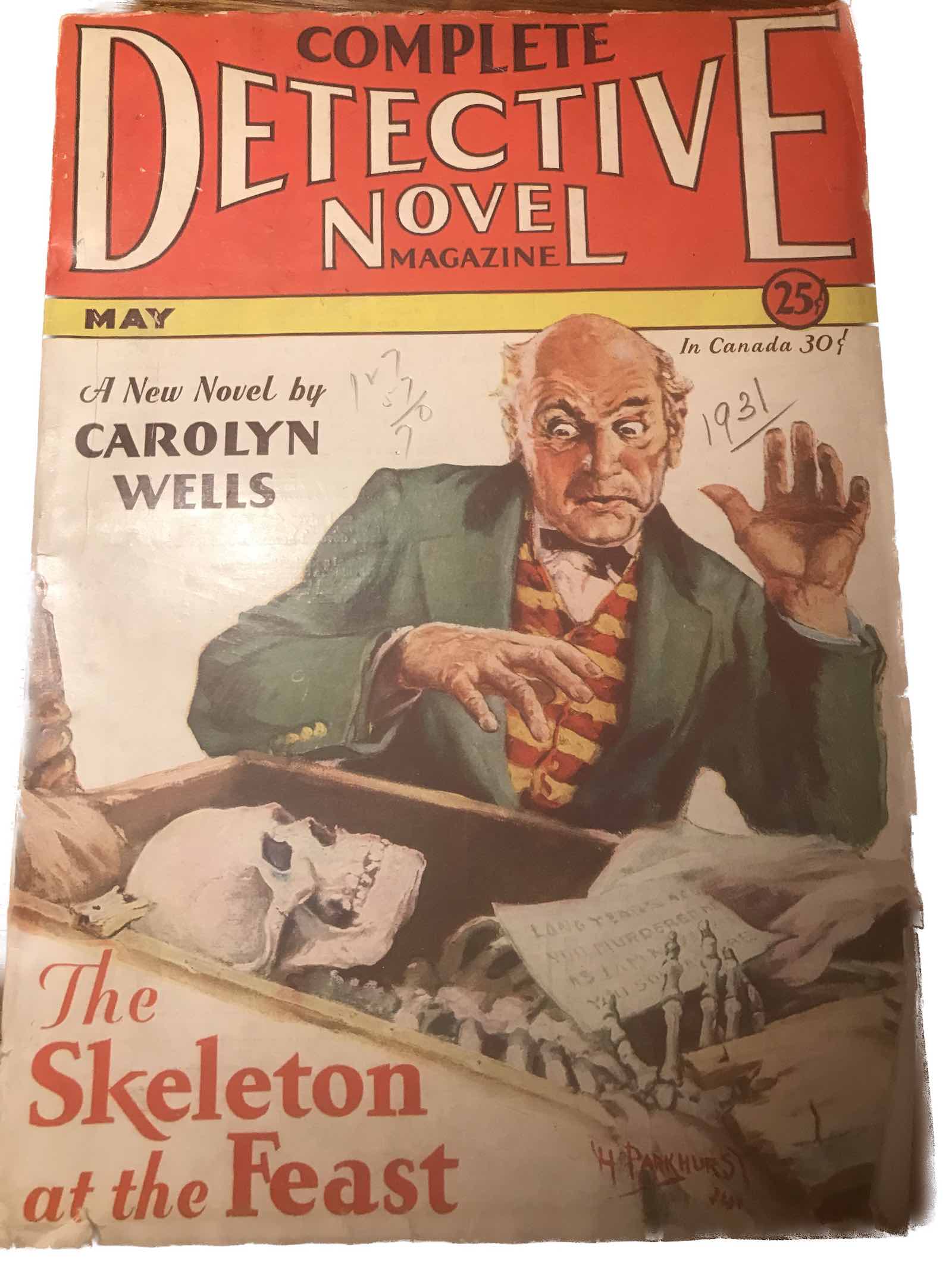Wells’s novels were serialized in pulp magazines like Complete Detective Novel throughout the 1920s and ’30s. This example featuring “The Skeleton at the Feast” with cover art by H.L. Parkhurst was published in May, 1931.