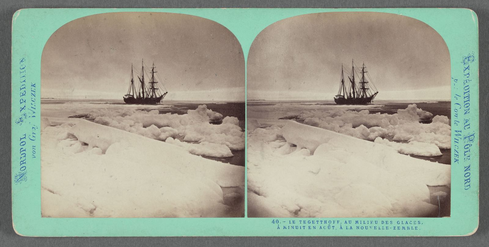 Wilhelm Joseph Burger, &quot;Le Tegetthoff au milieu des glaces, à minuit en août, à la Nouvelle-Zemble,&quot; from Expèdition au Pôle nord par le Compte Wilczek, 1872. Albumen silver print stereograph, 3.4 × 7 in (8.7 x 17.8 cm).