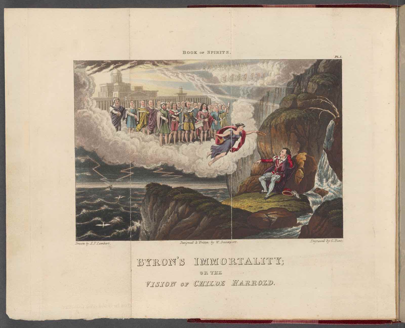 W. Davenport (Artist), E.F. Lambert (Drafter), George Hunt (Engraver), Byron’s immortality; or The vision of Childe Harold, Plate 1, from The Book of Spirits, and Tales of the Dead: Comprising “Lord Byron in the other world … (London: William Charlton Wright, [1827]).
