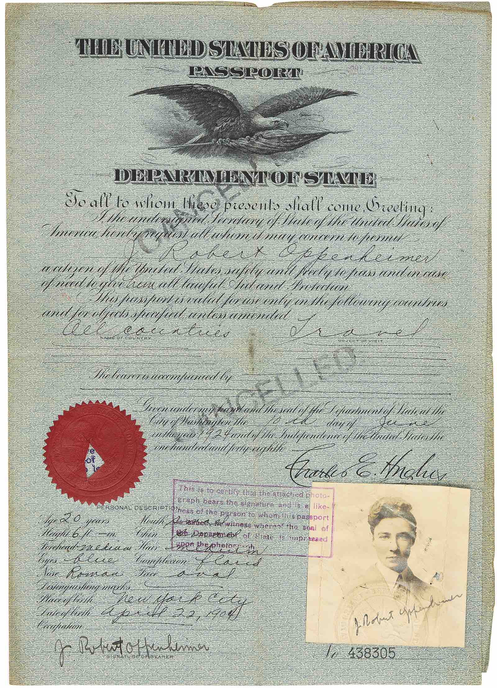 Robert Oppenheimer's passport with photograph for 1924, signed twice (&quot;J. Robert Oppenheimer&quot;), 10 June 1924[-26]. Estimate: £15,000 - 25,000