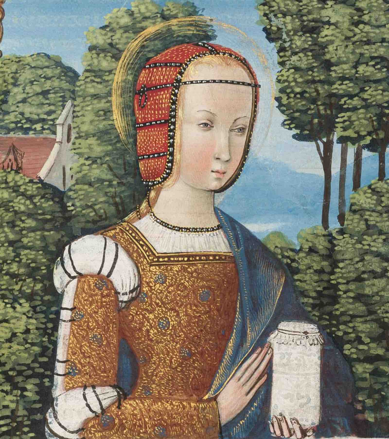 Mary Magdalen's sumptuous garments serve as a visual reminder of her past as a wealthy woman. Her external splendour contrast and enhance her inner penitence. The G&amp;H Hours. Illuminated by the Master of Spencer 6. France, Bourges, c. 1500-10. (Detail)