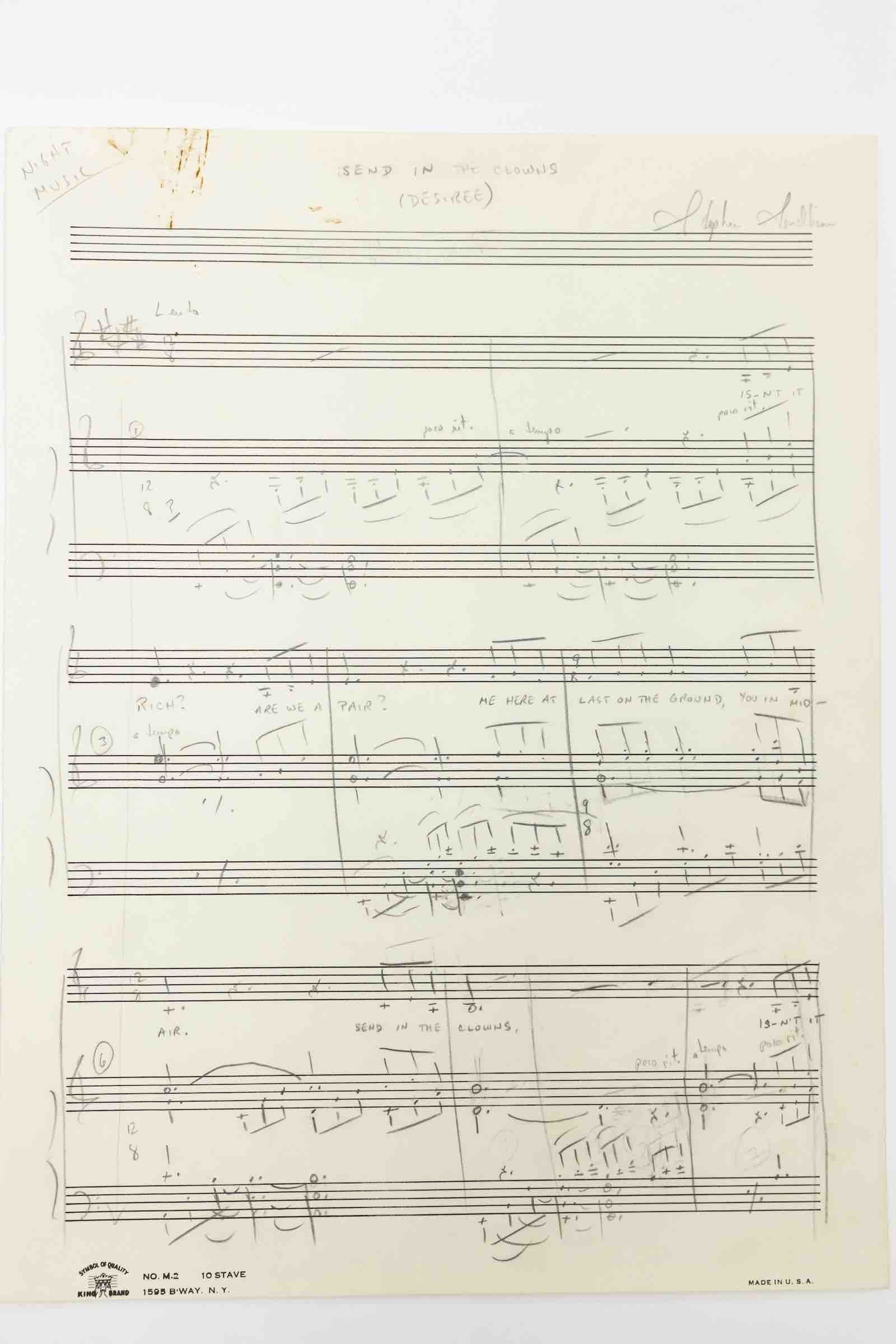 The first page of Stephen Sondheim’s manuscript for Send in the Clowns