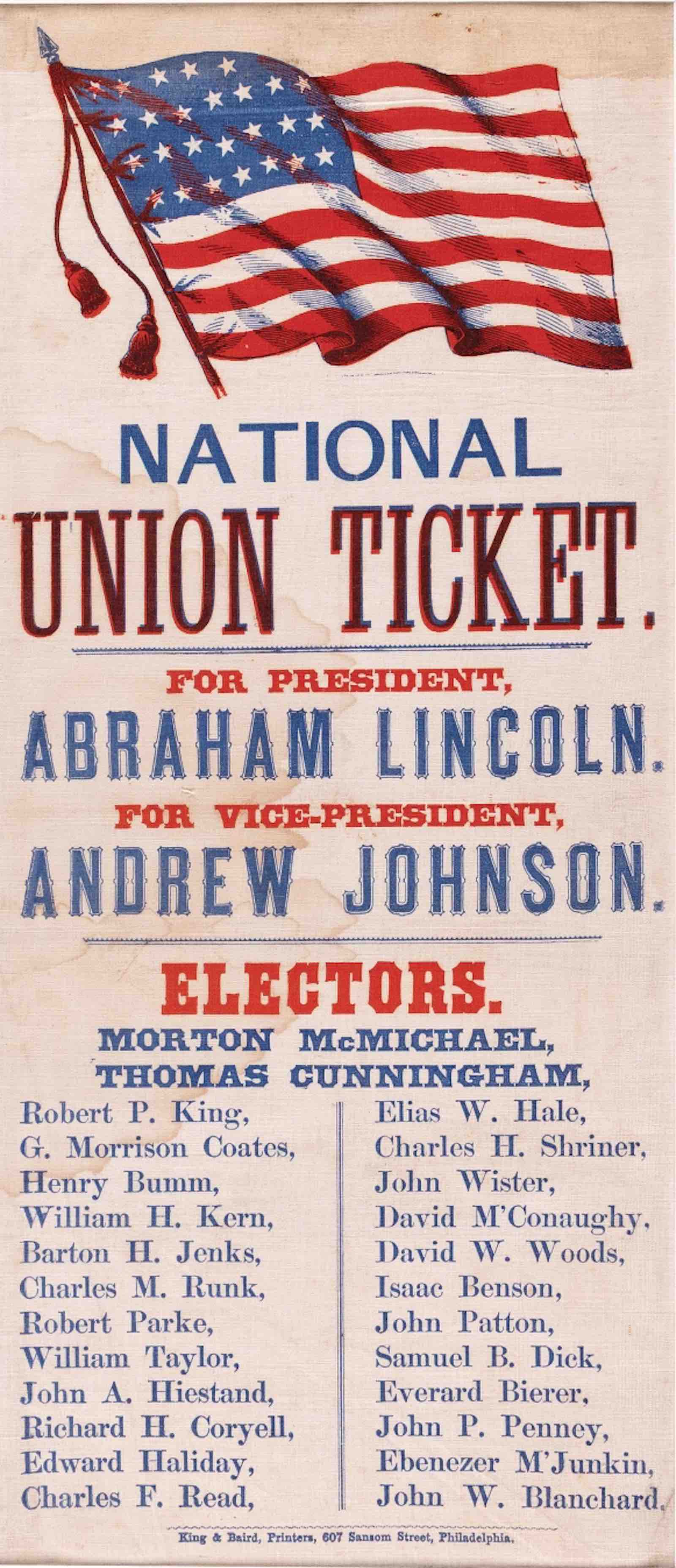 Abraham Lincoln and Andrew Johnson 1864 ‘National Union Ticket’ fabric broadside