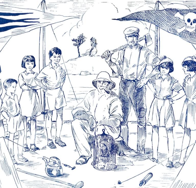 Drawing of the Swallows and Amazons with Captain Flint 