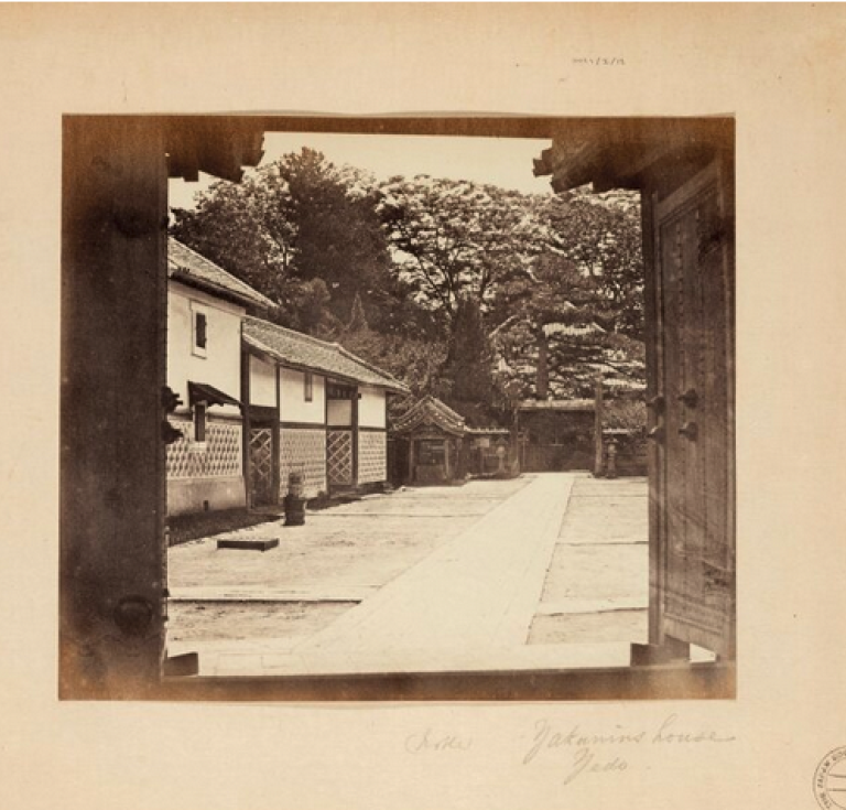 Felice Beato photograph of Japanese houses and mountains