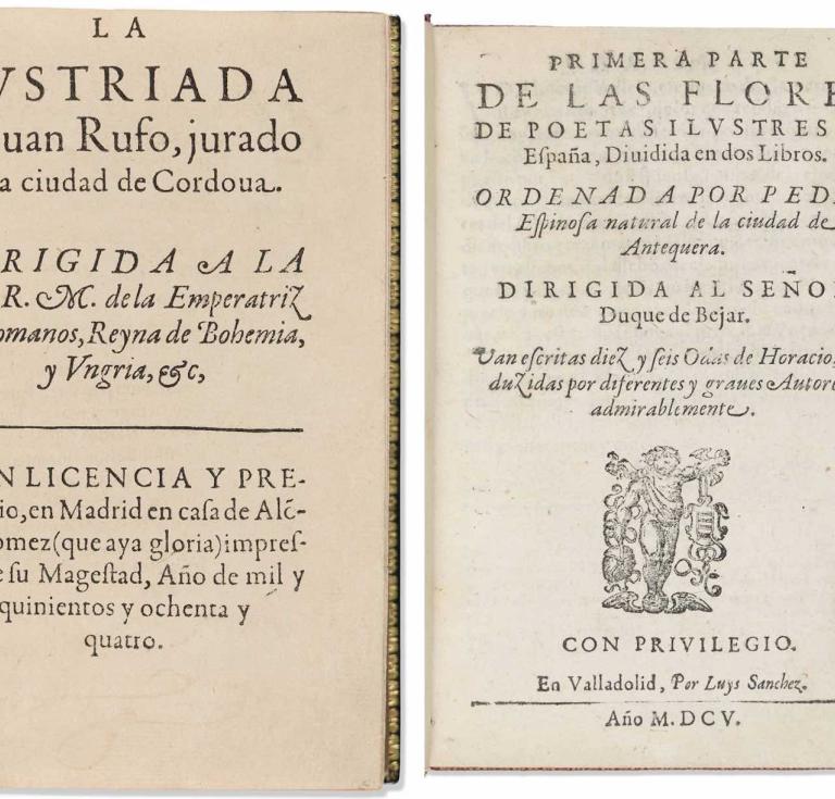 From the Ken Rapoport Collection: Lot 32: Juan Rufo, La Austriada, Madrid, first edition, 1584. Estimate $3,000 to $5,000; Lot 18: Pedro de Espinosa, Primera Parte de las Flores de Poetas Ilustres de España, Dividida en los Libros, first edition, Valladolid, 1605. Estimate $4,000 to $6,000.