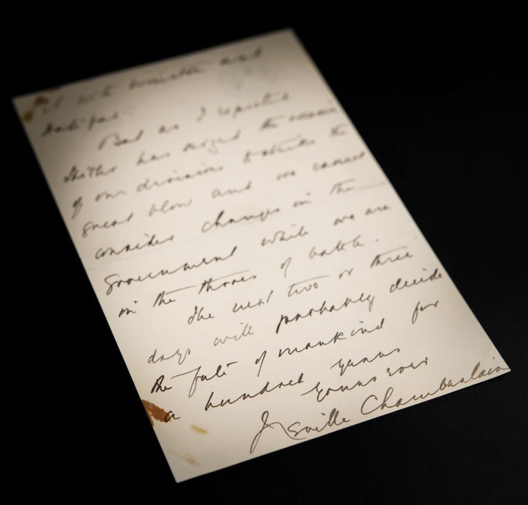 Autograph letter signed by Neville Chamberlain on the day of his resignation as Prime Minister, May 10, 1940