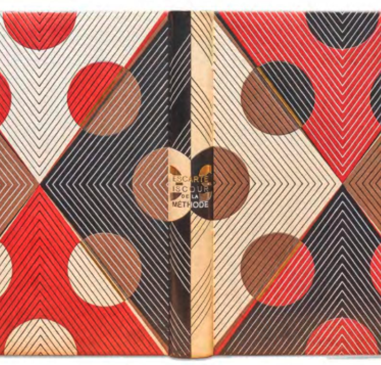 Design binding by Rose Adler of overlapping triangles and circles in four colors.