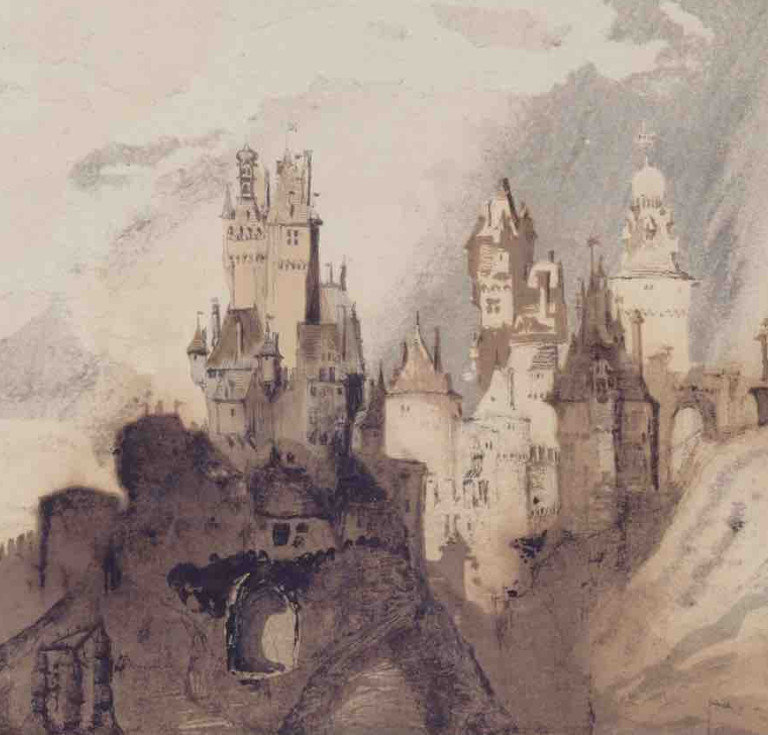Victor Hugo, The Cheerful Castle, c. 1847. Pen, brown and black ink and wash, crayon on cardboard